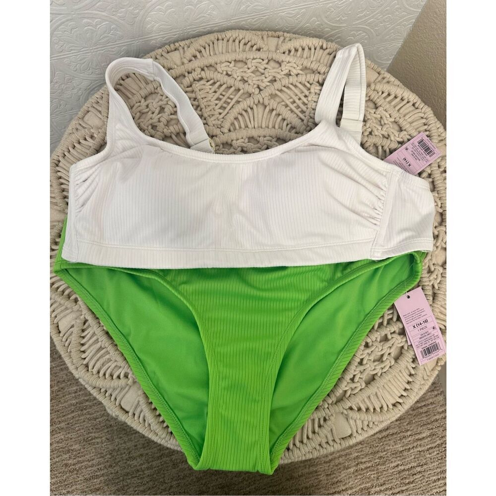 🌸 Wild Fable Green and White Ribbed Low Rise High Leg Bikini Size X 14/16 New